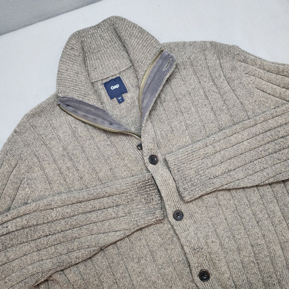 Gap Cardigan Sweater Grey Ribbed Knit Zip Button Lambswool Blend Mens L